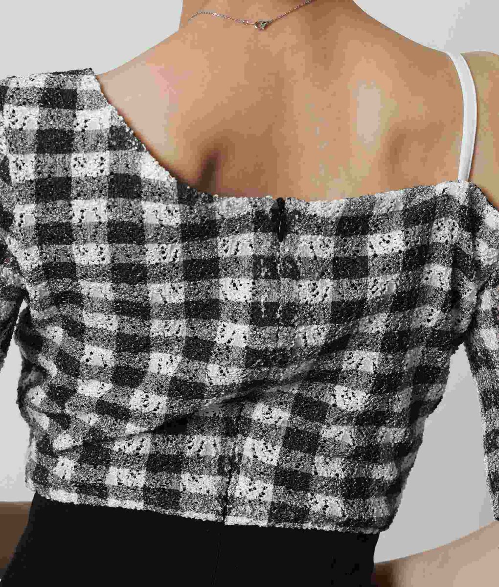 画像10: [韓国製][rinfarre]五分袖・ワンショルダー・ギンガムチェック・ブラック×ホワイト・レース・膝丈・タイト・ミディアムドレス・ワンピース[奈月セナ着用][送料無料] (10)