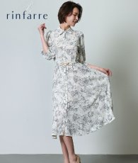 画像1: [韓国製][rinfarre]花柄・五分半袖・パフスリーブ・Aライン・ホワイト×ブラック・ミディアム・ひざ下・ワンピース・ドレス[奈月セナ着用][送料無料] (1)