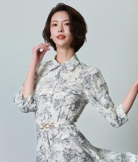 画像4: [韓国製][rinfarre]花柄・五分半袖・パフスリーブ・Aライン・ホワイト×ブラック・ミディアム・ひざ下・ワンピース・ドレス[奈月セナ着用][送料無料] (4)