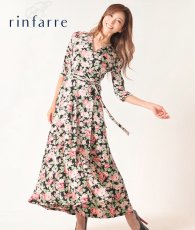画像1: [韓国製][rinfarre]花柄・エレガント・レトロモダン・ブラック・Vネック・カシュクール・七分袖・マキシ・ロングドレス・ラップ・ワンピース[山崎みどり着用][送料無料]mybk (1)