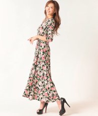 画像2: [韓国製][rinfarre]花柄・エレガント・レトロモダン・ブラック・Vネック・カシュクール・七分袖・マキシ・ロングドレス・ラップ・ワンピース[山崎みどり着用][送料無料]mybk (2)