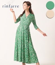 画像1: [韓国製][rinfarre]リーフ柄・ベージュ・グリーン・ナチュラル・Vネック・カシュクール・七分袖・マキシ・ロングドレス・ラップ・ワンピース[山崎みどり着用][送料無料]myjugr (1)