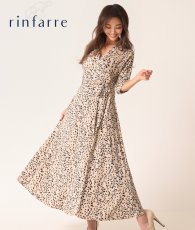 画像2: [韓国製][rinfarre]リーフ柄・ベージュ・グリーン・ナチュラル・Vネック・カシュクール・七分袖・マキシ・ロングドレス・ラップ・ワンピース[山崎みどり着用][送料無料]myjugr (2)