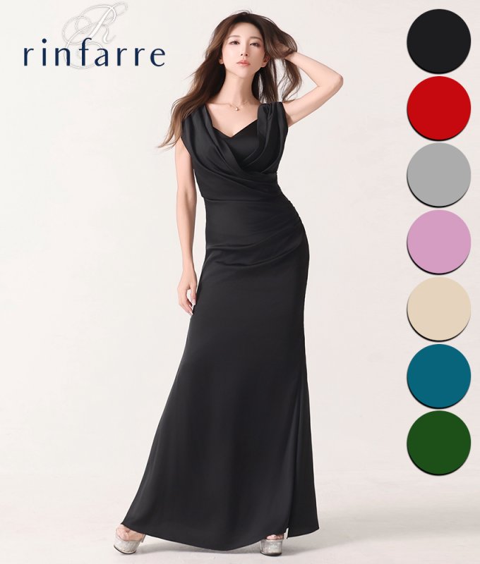 rinfarre ロングドレス 韓国製][rinfarre]ストレッチサテン・ドレープ・ノースリーブ・Vネック