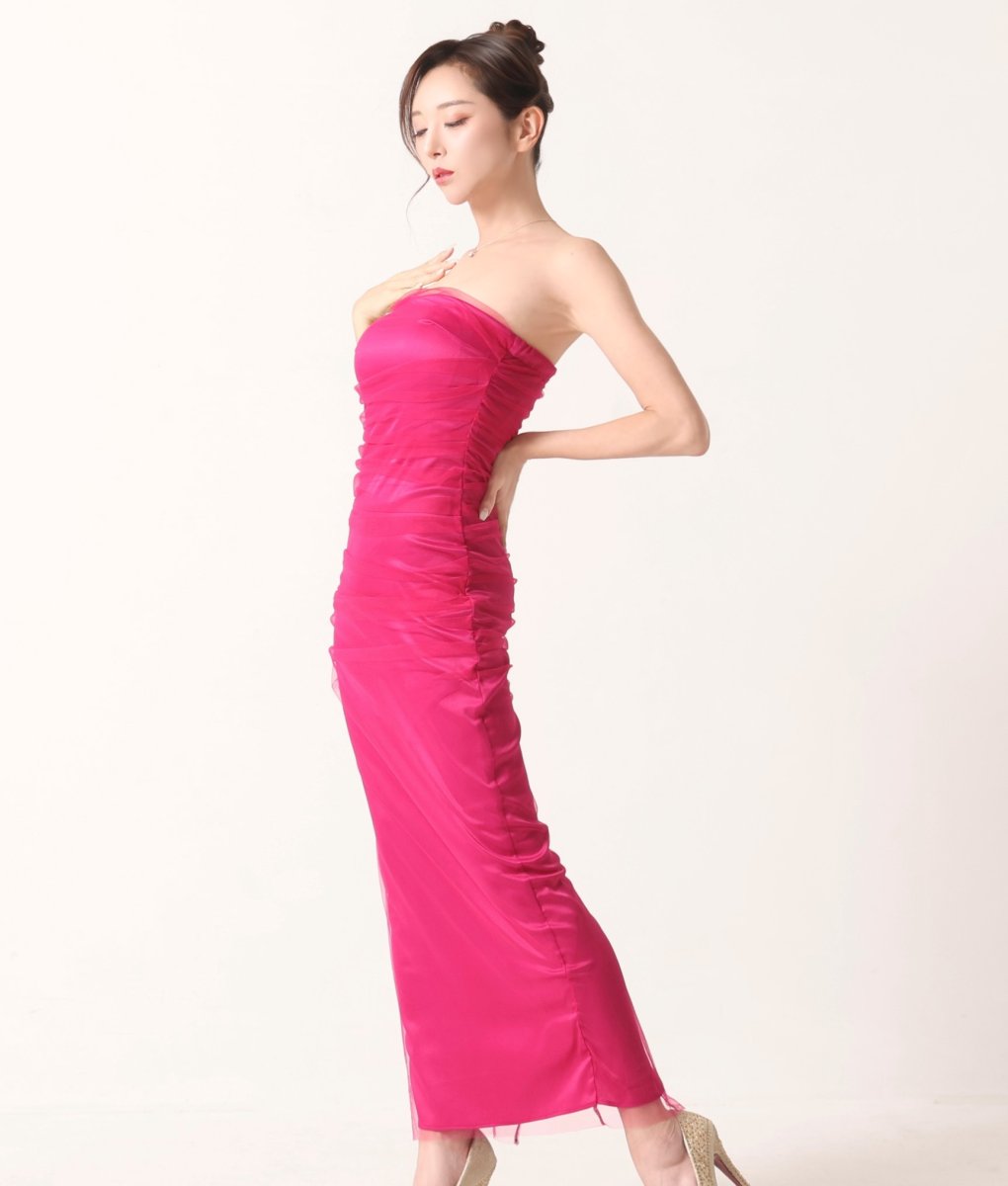 画像3: [韓国製][rinfarre]ベア・チュールレース・レイヤード・タック・ブラック・ピンク・ノースリーブ・ロングドレス・タイト・ワンピース[山崎みどり着用][送料無料]mypk (3)