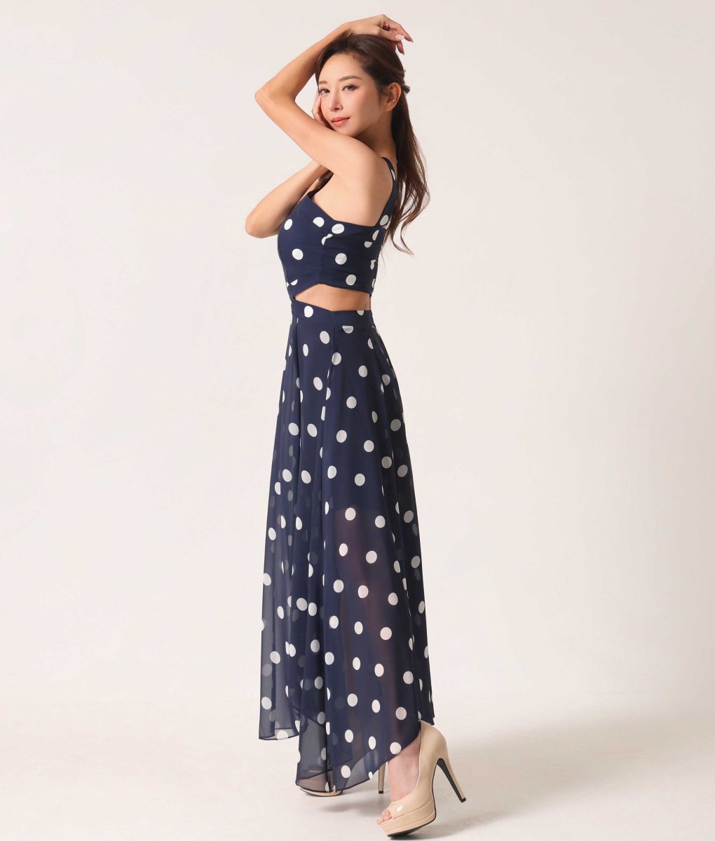 画像2: [rinfarre]水玉・ プリント・ Vネック・ ホルターネック・ シフォン・ ヘムデザイン・ ノースリーブ・ ロングドレス・ ワンピース[送料無料]mynv (2)