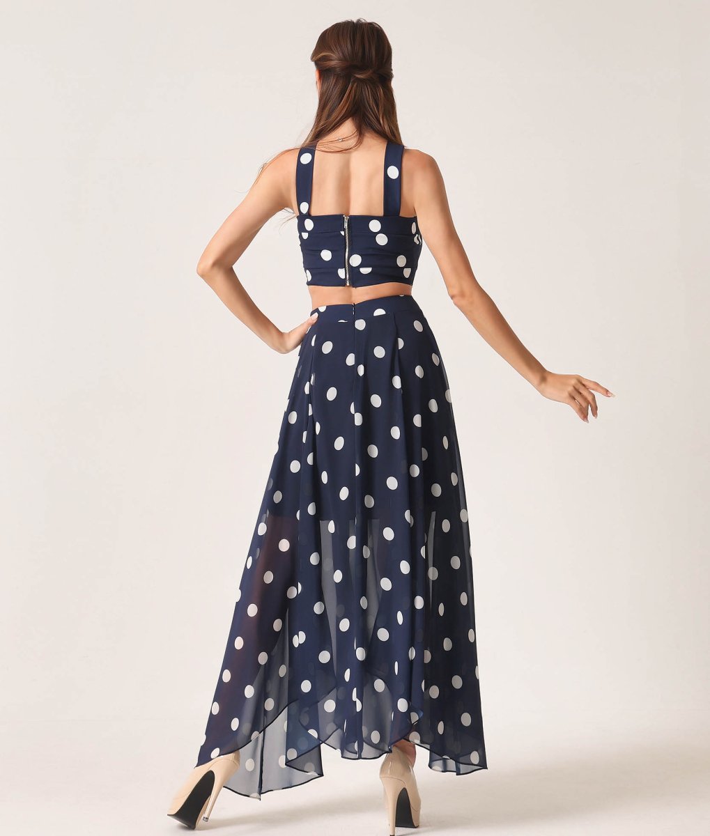 画像3: [rinfarre]水玉・ プリント・ Vネック・ ホルターネック・ シフォン・ ヘムデザイン・ ノースリーブ・ ロングドレス・ ワンピース[送料無料]mynv (3)