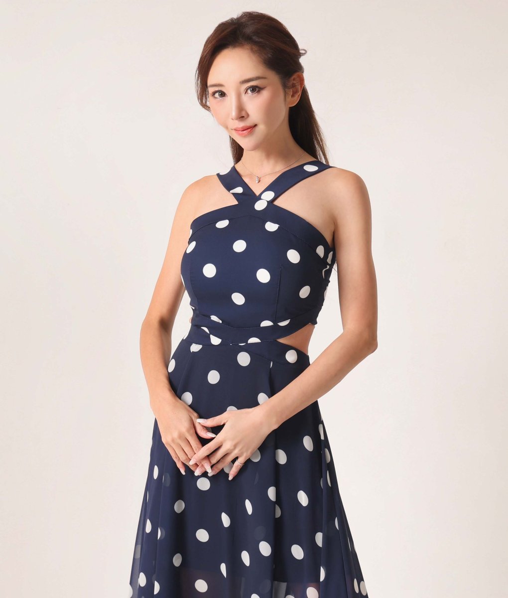 画像4: [rinfarre]水玉・ プリント・ Vネック・ ホルターネック・ シフォン・ ヘムデザイン・ ノースリーブ・ ロングドレス・ ワンピース[送料無料]mynv (4)