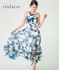 画像1: [rinfarre]ネイビー・花柄・プリント・Vネック・ホルターネック・シフォン・ヘムデザイン・ノースリーブ・ロングドレス・ワンピース[送料無料] (1)