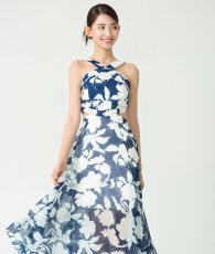 画像4: [rinfarre]ネイビー・花柄・プリント・Vネック・ホルターネック・シフォン・ヘムデザイン・ノースリーブ・ロングドレス・ワンピース[送料無料] (4)