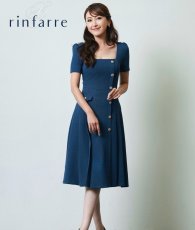 画像1: [韓国製][rinfarre]半袖・ネイビー・金ボタン・スクエアネック・プリーツ・ポケット・ラメ・Aライン・ミディアムドレス・ワンピース[黒木麗奈着用][送料無料] (1)