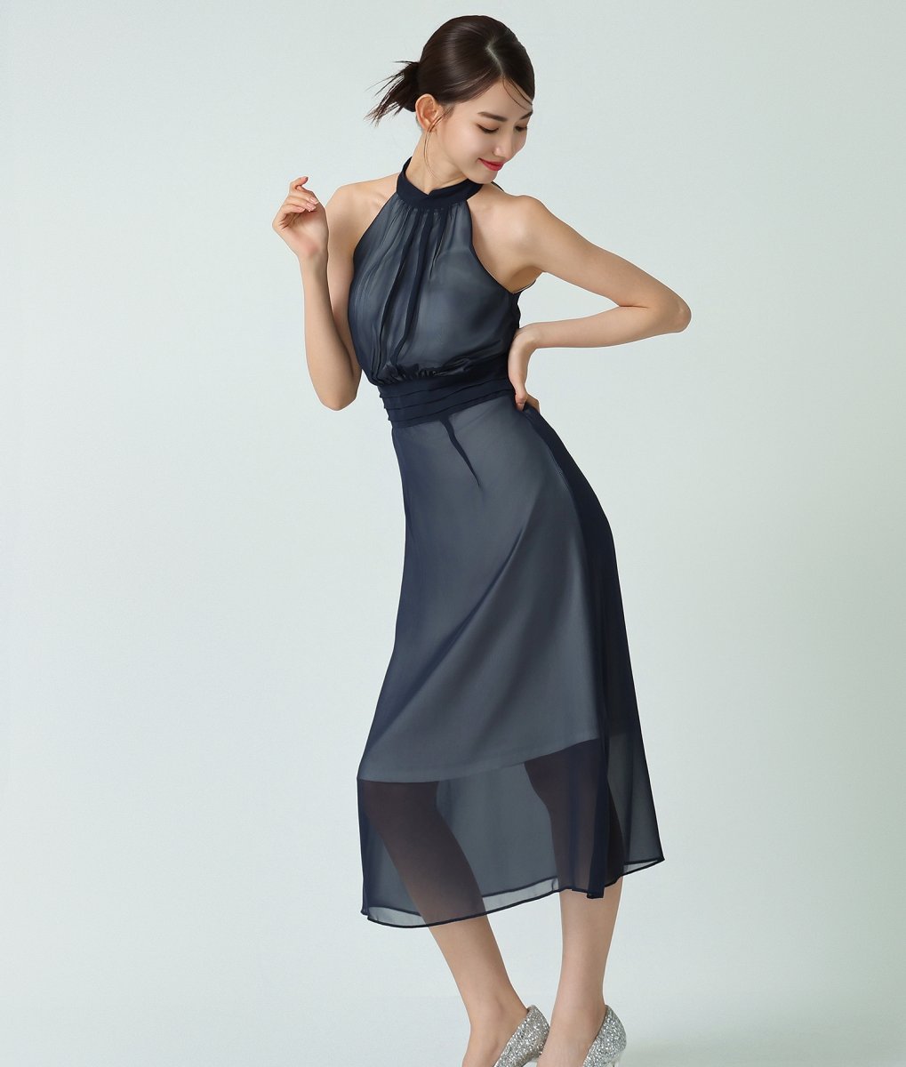 画像3: [韓国製][rinfarre]ホルターネック・シースルー・Aライン・プリーツ・シフォン・ノースリーブ・ミディアム・ひざ下・ワンピース・ドレス[黒木麗奈着用][送料無料] (3)