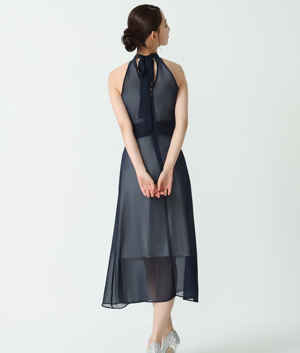 画像4: [韓国製][rinfarre]ホルターネック・シースルー・Aライン・プリーツ・シフォン・ノースリーブ・ミディアム・ひざ下・ワンピース・ドレス[黒木麗奈着用][送料無料] (4)