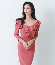 画像4: [韓国製][rinfarre]ローズピンク・フリル・パフスリーブ・九分袖・ラッフル・タイト・長袖・ミディアムドレス・ワンピース[山崎みどり着用][送料無料]mypk (4)