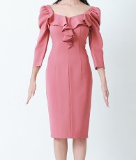 画像6: [韓国製][rinfarre]ローズピンク・フリル・パフスリーブ・九分袖・ラッフル・タイト・長袖・ミディアムドレス・ワンピース[山崎みどり着用][送料無料]mypk (6)