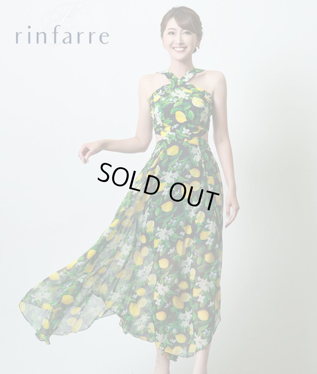 画像1: [SALE品のため返品不可＆再入荷なしの現品限り][韓国製][rinfarre]レモン柄・プリント・Vネック・ホルターネック・シフォン・ヘムデザイン・ノースリーブ・ロングドレス・ワンピース[薗田杏奈着用][送料無料] (1)