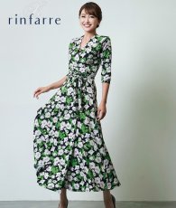 画像1: [韓国製][rinfarre]花柄・エレガント・ブラック・Vネック・カシュクール・七分袖・マキシ・ロングドレス・ラップ・ワンピース[薗田杏奈着用][送料無料] (1)