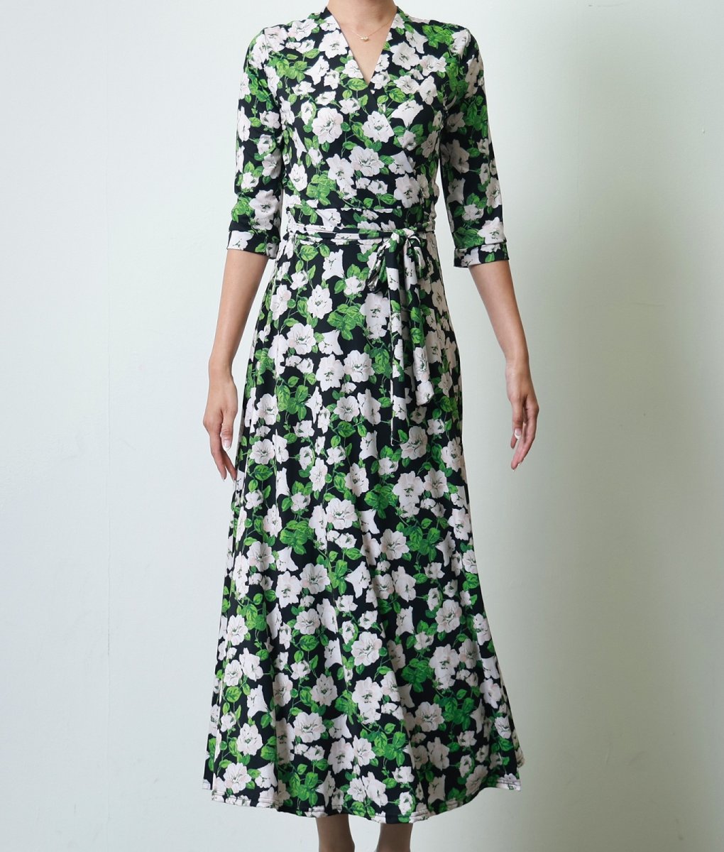 画像6: [韓国製][rinfarre]花柄・エレガント・ブラック・Vネック・カシュクール・七分袖・マキシ・ロングドレス・ラップ・ワンピース[薗田杏奈着用][送料無料] (6)