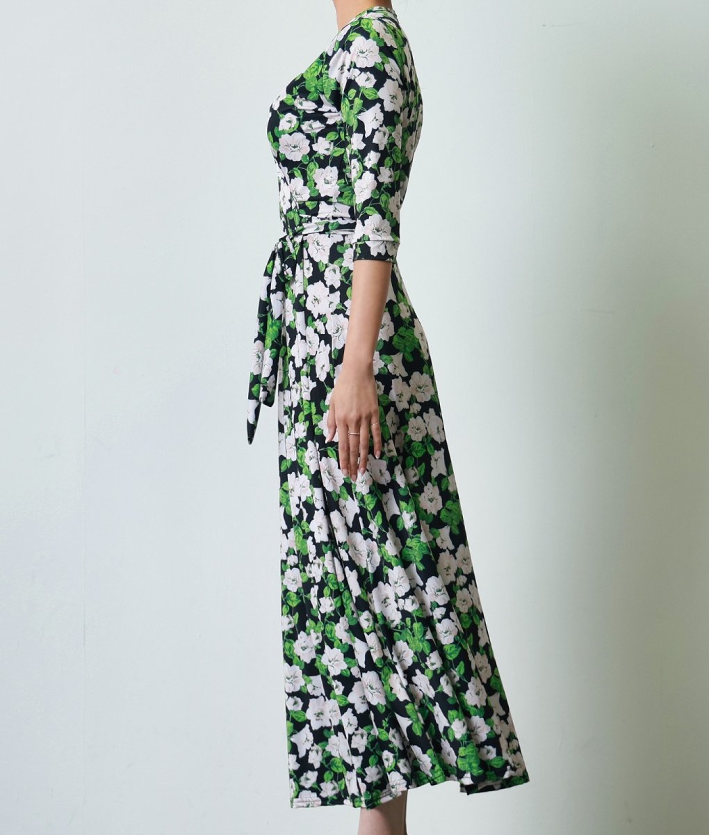 画像7: [韓国製][rinfarre]花柄・エレガント・ブラック・Vネック・カシュクール・七分袖・マキシ・ロングドレス・ラップ・ワンピース[薗田杏奈着用][送料無料] (7)