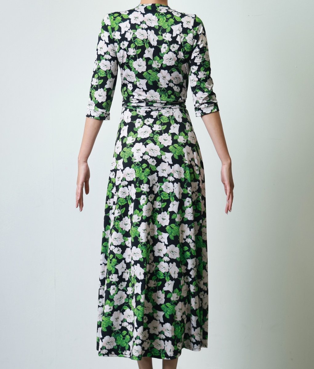 画像8: [韓国製][rinfarre]花柄・エレガント・ブラック・Vネック・カシュクール・七分袖・マキシ・ロングドレス・ラップ・ワンピース[薗田杏奈着用][送料無料] (8)