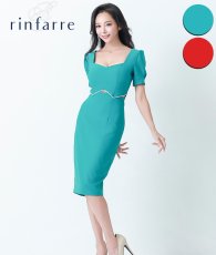 画像1: [韓国製][rinfarre]グリーン・レッド・ウエストビジュー・半袖・パフスリーブ・タイト・ミディアムドレス・ワンピース[山崎みどりちゃん着用] 《送料＆代引き手数料無料》mygr (1)