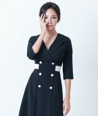 画像5: [韓国製][rinfarre] Vネック・襟付き・七分袖・Aライン・背中リボン・ボタンデザイン・ミディアムドレス[山崎みどりちゃん着用]《送料＆代引き手数料無料》mybk (5)