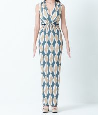 画像6: [韓国製][rinfarre]ジオメトリック・プリント・カーキ・柄・Vネック・ノースリーブ・タイト・マキシ・ロングドレス・ワンピース[山崎みどり着用][送料無料]mykk (6)