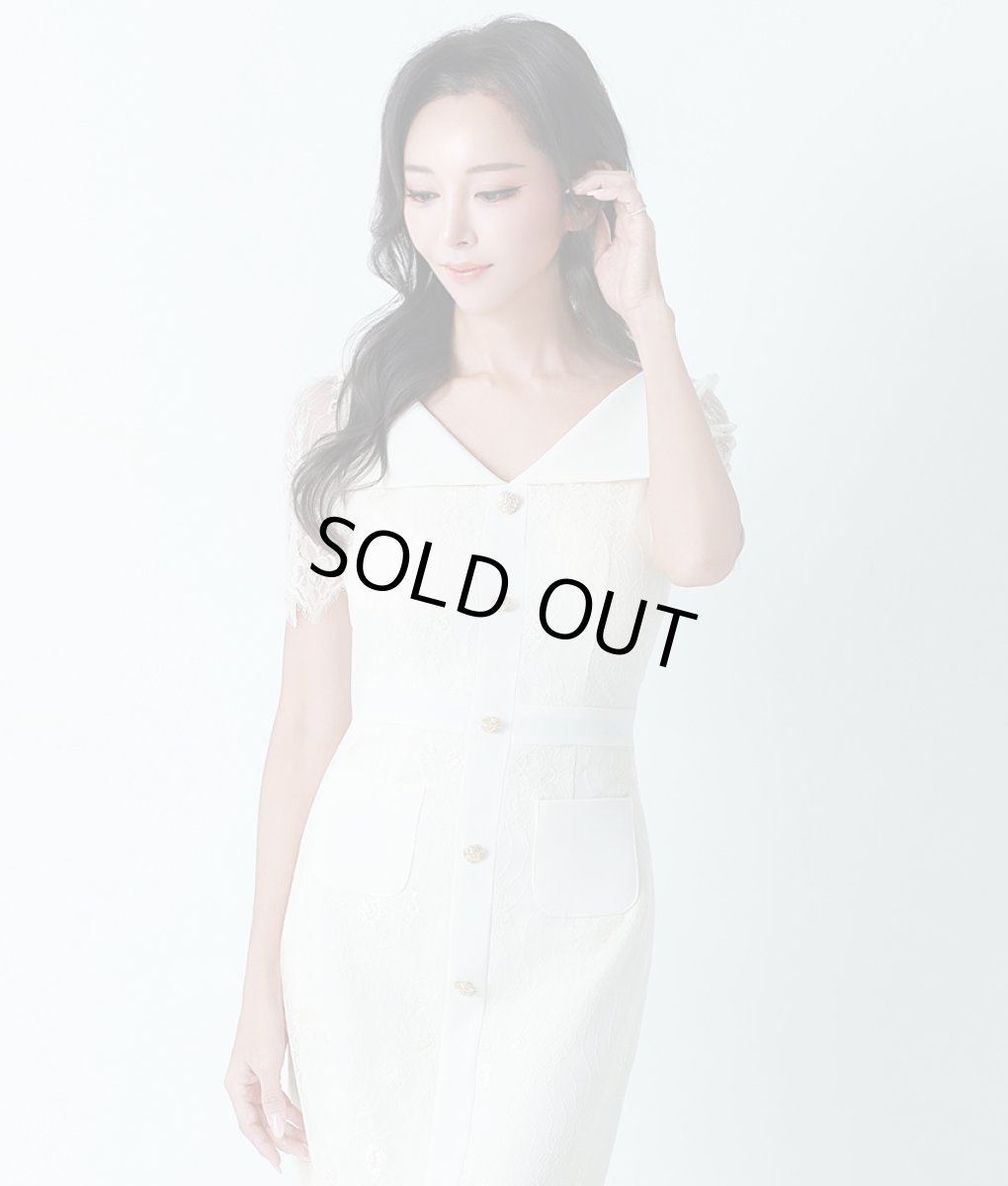 画像4: [SALE品のため返品不可＆再入荷なしの現品限り][韓国製][rinfarre]アイボリー・総レース・襟付き・半袖・ボタン・タイト・ミディアムドレス・ワンピース myiv[山崎みどりちゃん着用][送料無料] (4)