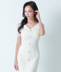 画像4: [韓国製][rinfarre]アイボリー・総レース・襟付き・半袖・ボタン・タイト・ミディアムドレス・ワンピース myiv[山崎みどりちゃん着用][送料無料] (4)