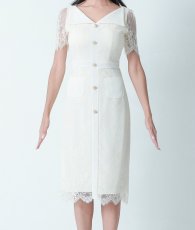 画像6: [韓国製][rinfarre]アイボリー・総レース・襟付き・半袖・ボタン・タイト・ミディアムドレス・ワンピース myiv[山崎みどりちゃん着用][送料無料] (6)