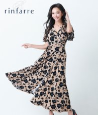 画像1: [韓国製][rinfarre] 半袖・キャメル・花柄・エレガント・Vネック・カシュクール・半袖・マキシ・ロングドレス・ラップワンピース [山崎みどり着用][送料無料]mycm (1)