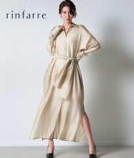画像1: [韓国製][ S-Lサイズ / 1カラー ][rinfarre]ゴールド・襟付き・ウエストリボン・ボタン・長袖・マキシドレス・ロング・ワンピース[奈月セナ着用][送料無料] (1)