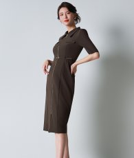 画像2: [韓国製][rinfarre]ブラウン・五分袖・襟付き・ファスナー・タイト・ミディアムドレス・ワンピース[奈月セナ着用][送料無料] (2)