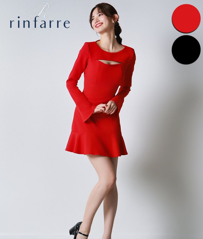 韓国製][rinfarre]レッド・ブラック・ミニ・長袖・フレアスリーブ