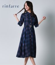画像1: [rinfarre]チェック柄・五分半袖・パフスリーブ・Aライン・ブルー・ミディアム・ひざ下・ワンピース・ドレス[奈月セナ着用][送料無料] (1)