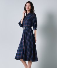 画像2: [rinfarre]チェック柄・五分半袖・パフスリーブ・Aライン・ブルー・ミディアム・ひざ下・ワンピース・ドレス[奈月セナ着用][送料無料] (2)