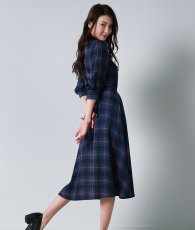 画像3: [rinfarre]チェック柄・五分半袖・パフスリーブ・Aライン・ブルー・ミディアム・ひざ下・ワンピース・ドレス[奈月セナ着用][送料無料] (3)