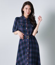画像4: [rinfarre]チェック柄・五分半袖・パフスリーブ・Aライン・ブルー・ミディアム・ひざ下・ワンピース・ドレス[奈月セナ着用][送料無料] (4)