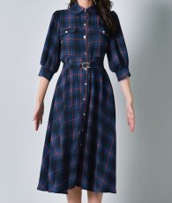 画像6: [rinfarre]チェック柄・五分半袖・パフスリーブ・Aライン・ブルー・ミディアム・ひざ下・ワンピース・ドレス[奈月セナ着用][送料無料] (6)