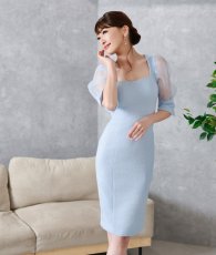 画像4: [ S-Lサイズ / 1カラー ][rinfarre]アイスブルー・シアースリーブ・ツイード・五分袖・タイト・ミディアムドレス・ワンピース[薗田杏奈着用][送料無料] (4)