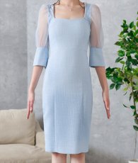 画像7: [ S-Lサイズ / 1カラー ][rinfarre]アイスブルー・シアースリーブ・ツイード・五分袖・タイト・ミディアムドレス・ワンピース[薗田杏奈着用][送料無料] (7)