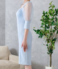 画像8: [ S-Lサイズ / 1カラー ][rinfarre]アイスブルー・シアースリーブ・ツイード・五分袖・タイト・ミディアムドレス・ワンピース[薗田杏奈着用][送料無料] (8)