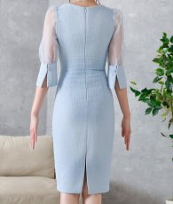 画像9: [ S-Lサイズ / 1カラー ][rinfarre]アイスブルー・シアースリーブ・ツイード・五分袖・タイト・ミディアムドレス・ワンピース[薗田杏奈着用][送料無料] (9)