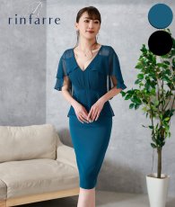 画像1: [ S-Lサイズ / 2カラー ][rinfarre]Vネック・ケープ風スリーブ・ペプラム・シフォン・半袖・タイト・ミディアムドレス・ワンピース[薗田杏奈着用][送料無料] (1)