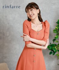 画像1: [韓国製][ S-Lサイズ / 1カラー ][rinfarre]オレンジ・ボタン・ベルト・五分袖・パフスリーブ・Aライン・ミディアムドレス・ワンピース[薗田杏奈着用][送料無料] (1)