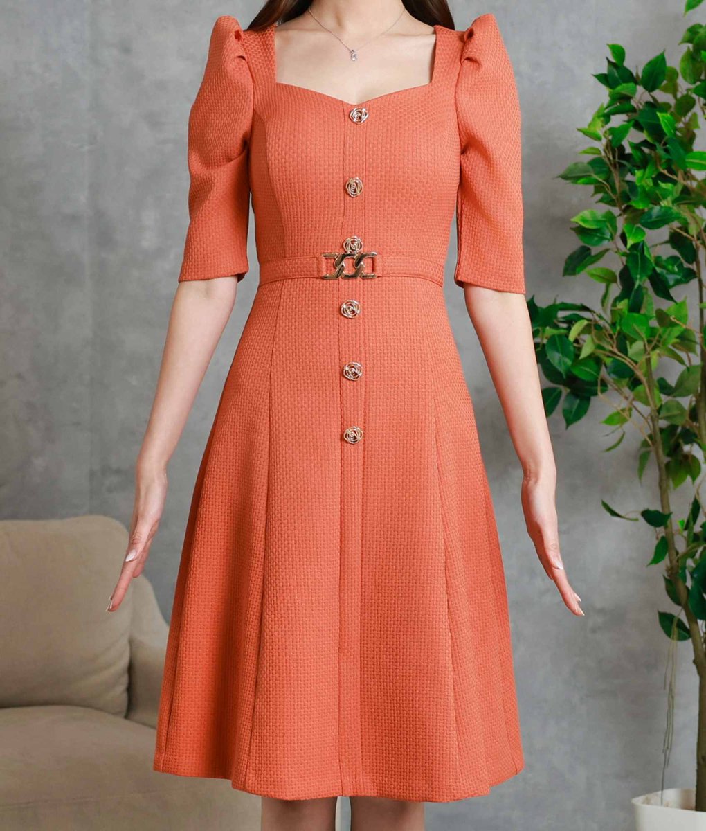 画像6: [韓国製][ S-Lサイズ / 1カラー ][rinfarre]オレンジ・ボタン・ベルト・五分袖・パフスリーブ・Aライン・ミディアムドレス・ワンピース[薗田杏奈着用][送料無料] (6)