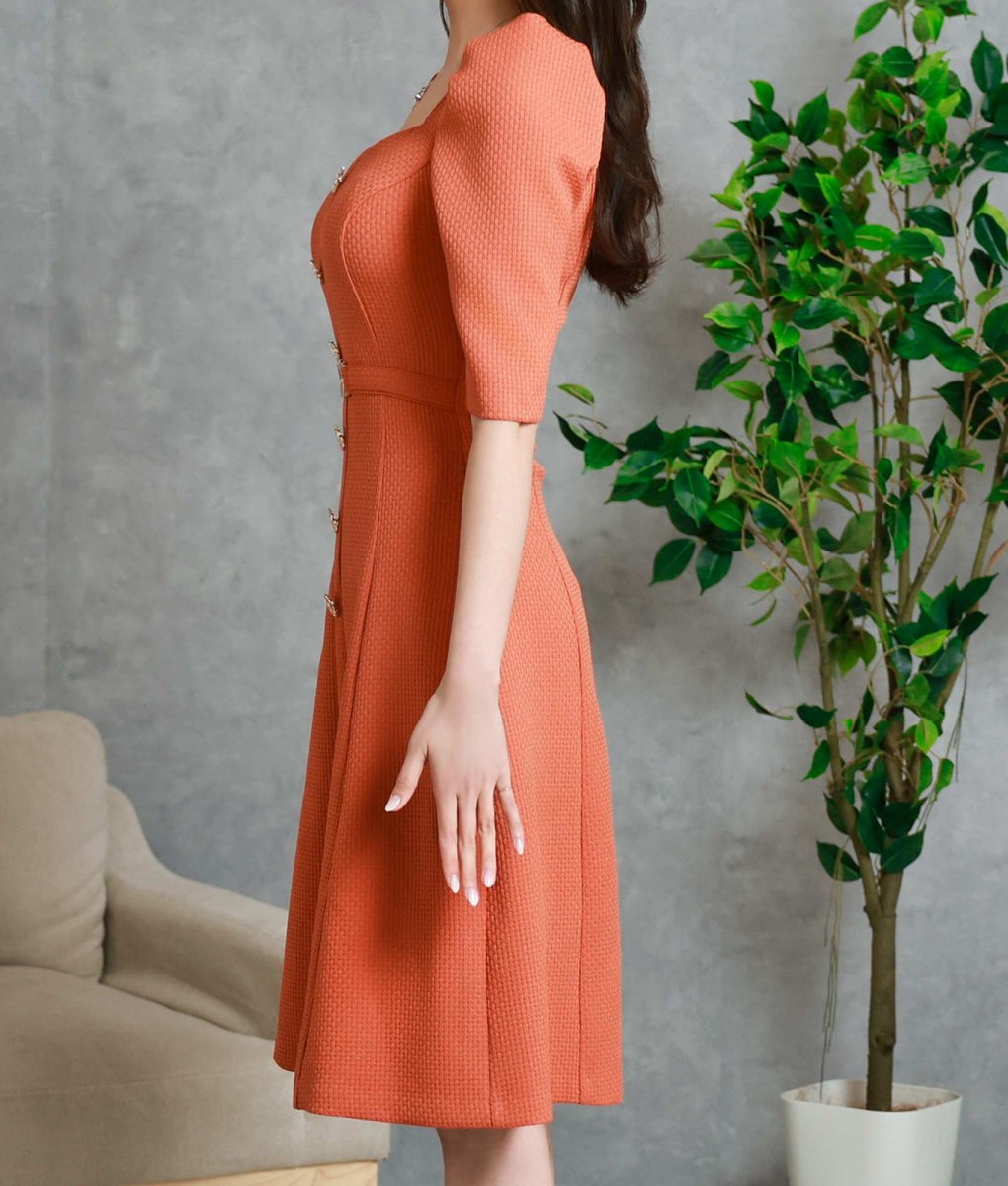 画像7: [韓国製][ S-Lサイズ / 1カラー ][rinfarre]オレンジ・ボタン・ベルト・五分袖・パフスリーブ・Aライン・ミディアムドレス・ワンピース[薗田杏奈着用][送料無料] (7)