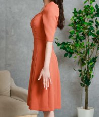 画像7: [韓国製][ S-Lサイズ / 1カラー ][rinfarre]オレンジ・ボタン・ベルト・五分袖・パフスリーブ・Aライン・ミディアムドレス・ワンピース[薗田杏奈着用][送料無料] (7)