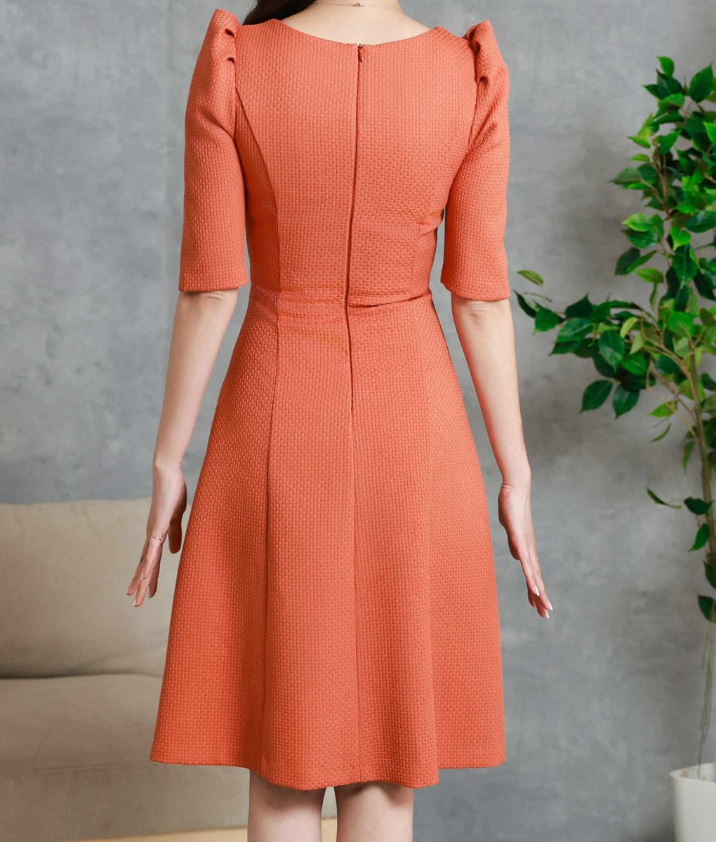 画像8: [韓国製][ S-Lサイズ / 1カラー ][rinfarre]オレンジ・ボタン・ベルト・五分袖・パフスリーブ・Aライン・ミディアムドレス・ワンピース[薗田杏奈着用][送料無料] (8)
