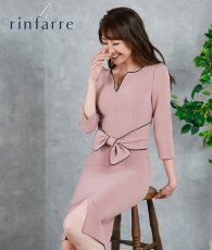 画像1: [韓国製][ S-Lサイズ / 1カラー ][rinfarre]ピンク・七分袖・胸元カット・ウエストリボン・タイト・ミディアムドレス・ワンピース[薗田杏奈着用][送料無料] (1)